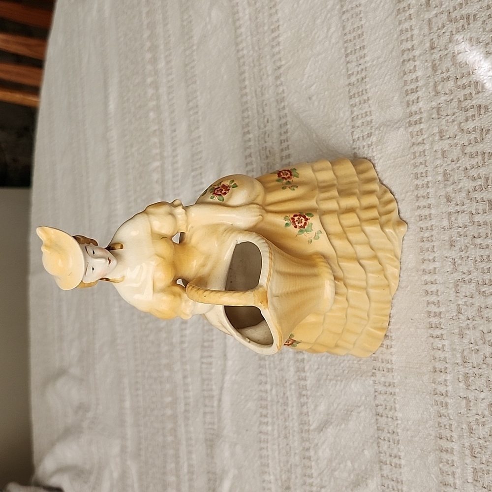 Vintage Fancy Lady Holding Basket made in Japan crazing yellow